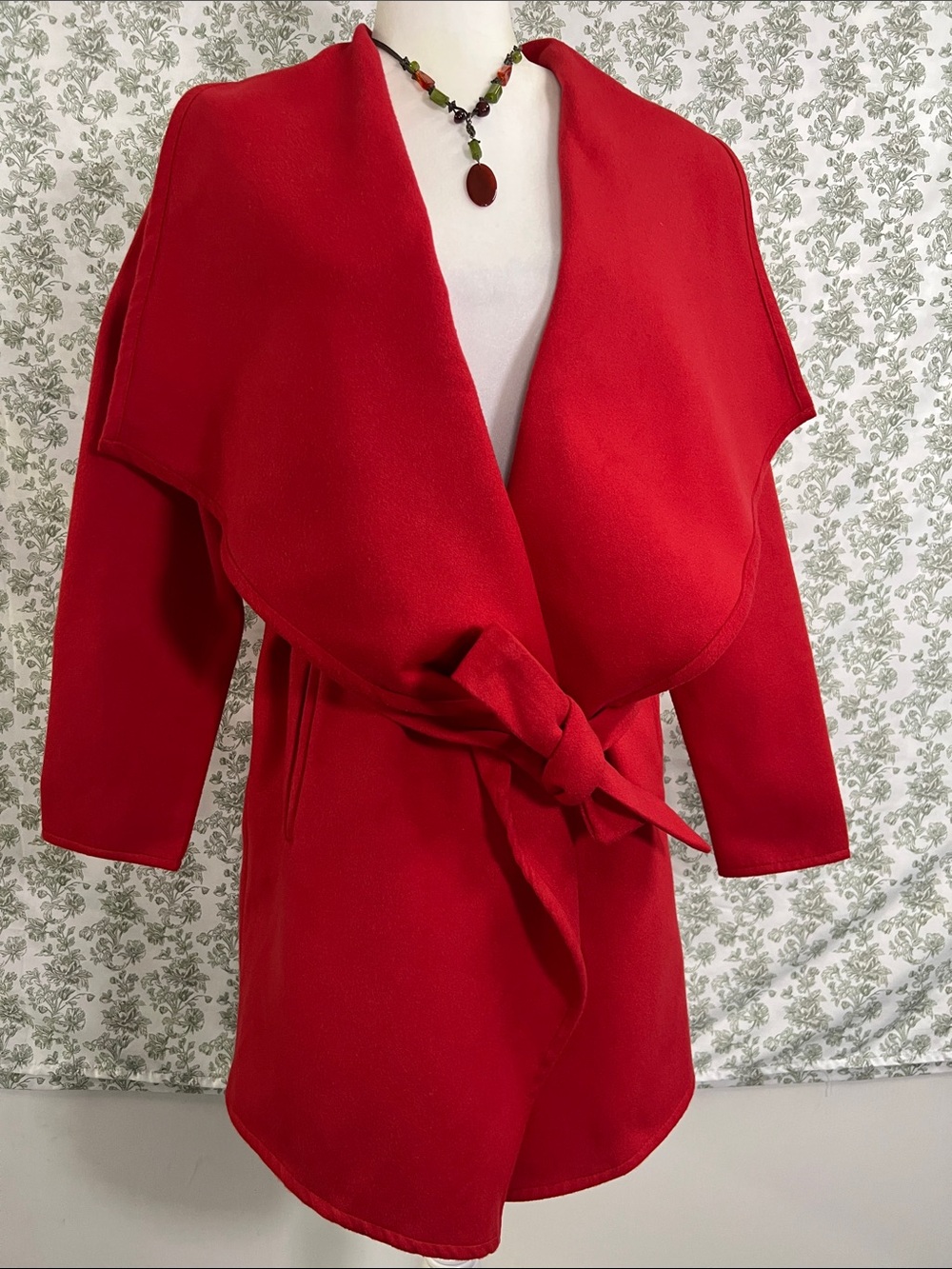 ReVamped Outerwear Red Drape Collar Belted Wrap Coat M.
